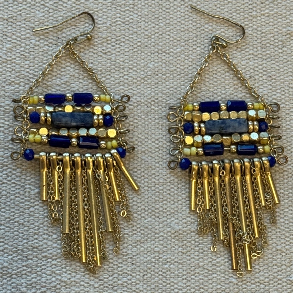 beaded blue and gold statement earrings
